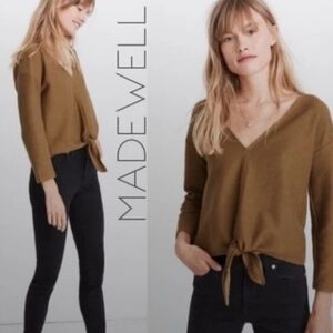 Madewell TEXTURE & THREAD V-Neck Tie Front Ribbed 3/4 Sleeve Top Army Green